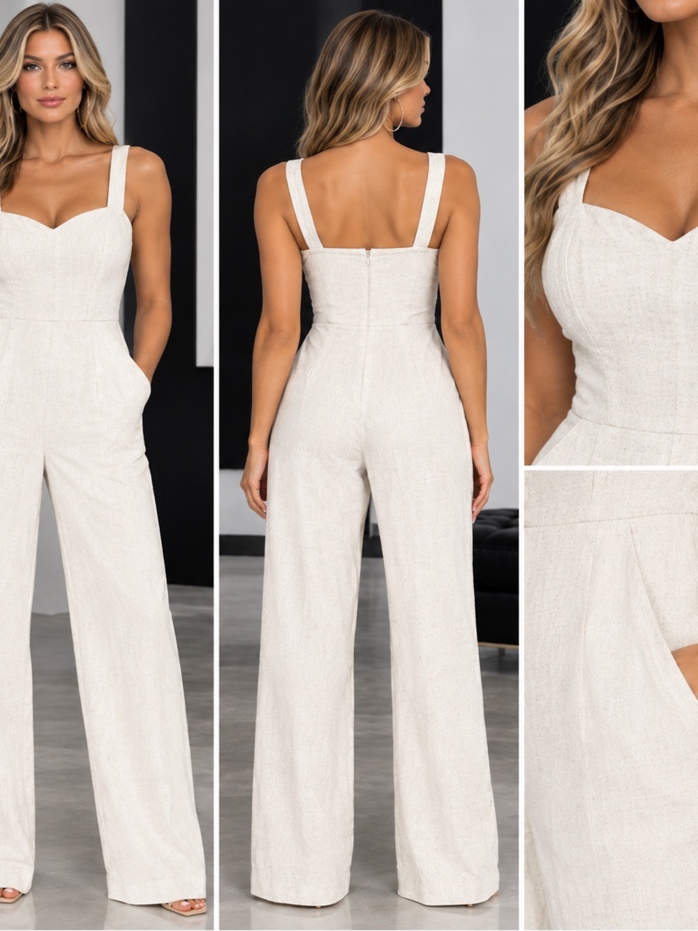 DKNY Cream Sleeveless Wide-Leg Jumpsuit Linen